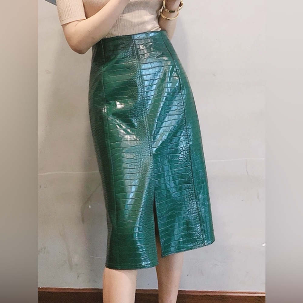 Green Faux Leather Pencil Skirt